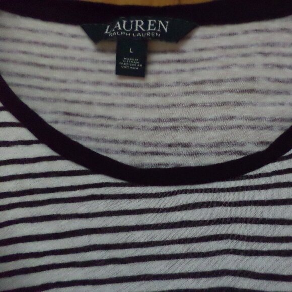 LAUREN T-Shirt ~White with Black Stripes + Knot at Waist ~ Size: L - Picture 2 of 7